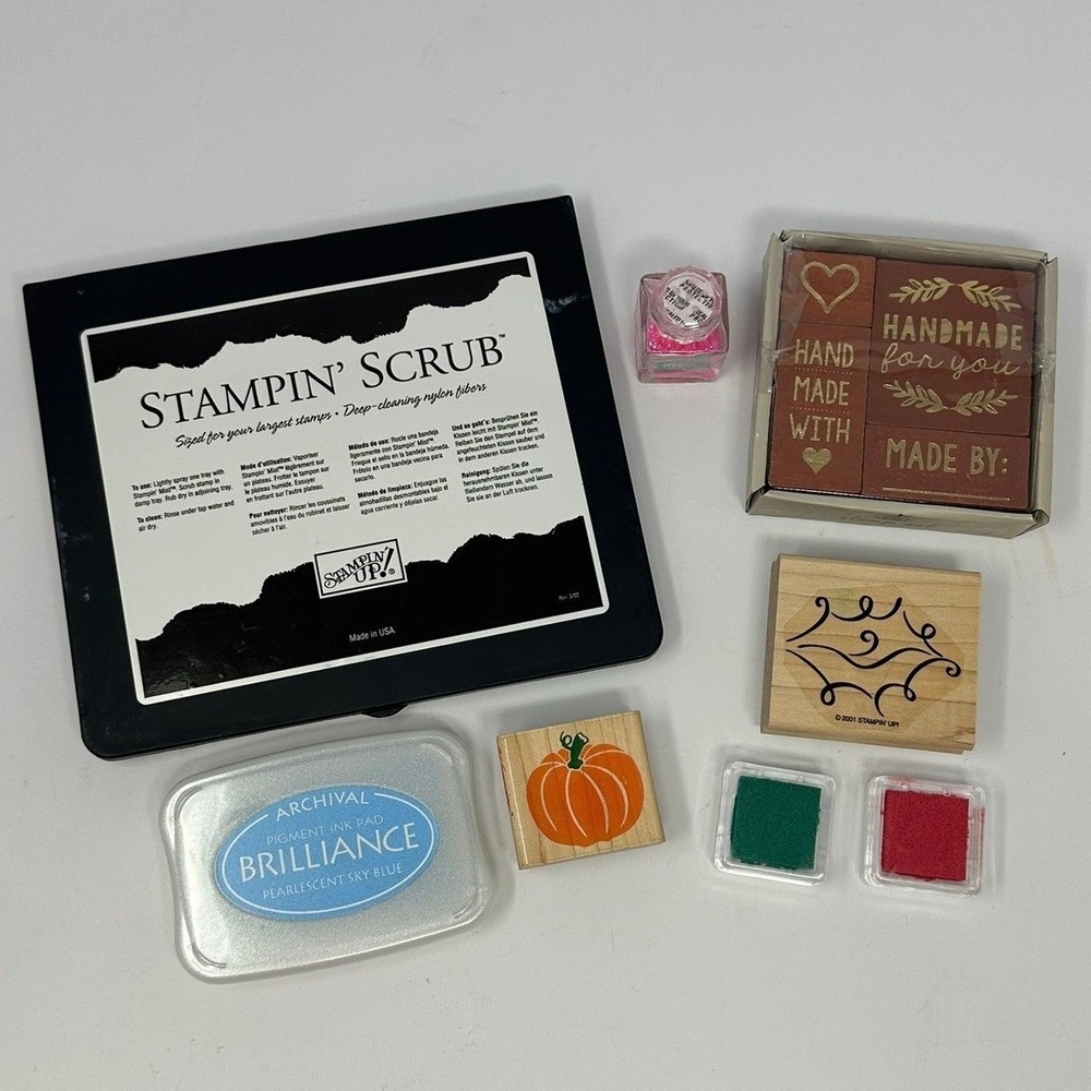Stampin Up Stampin Scrub Bundle Rubber Stamps Brilliance Ink Pad Pink Glitter A9